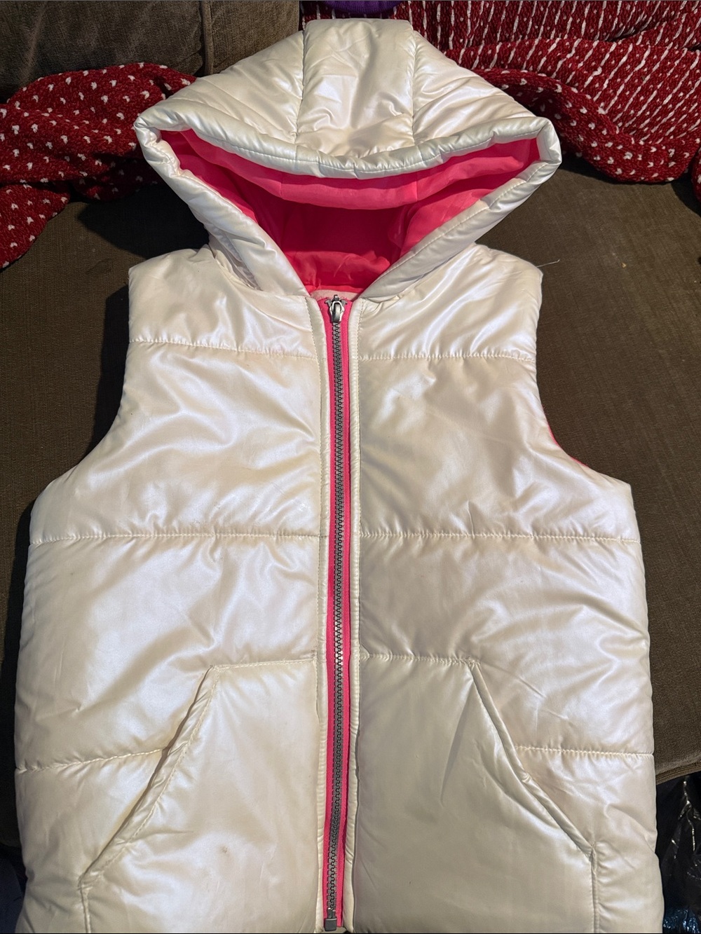 Girls' White Puffer Hooded Vest with Pink Lining